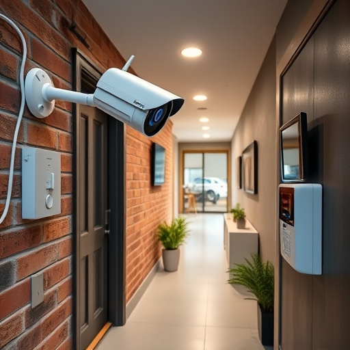 ai security camera scanning for movement,wireless doorbell with camera on brick home,emergency alert system inside hallway,home monitoring control room with multiple screens,compact wireless doorbell at urban entry