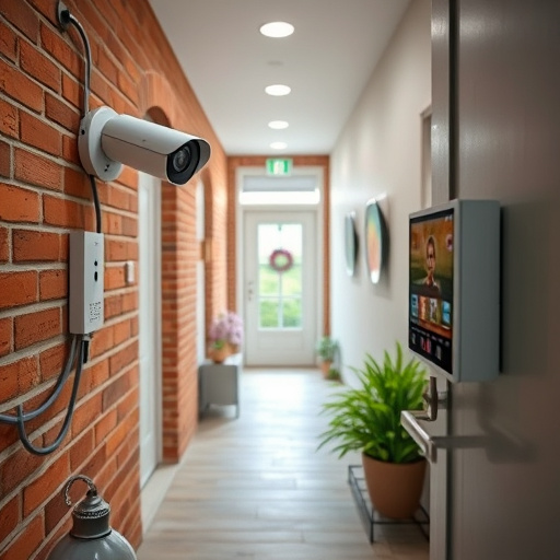 ai security camera scanning for movement,wireless doorbell with camera on brick home,emergency alert system inside hallway,home monitoring control room with multiple screens,compact wireless doorbell at urban entry