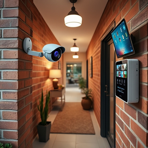 ai security camera scanning for movement,wireless doorbell with camera on brick home,emergency alert system inside hallway,home monitoring control room with multiple screens,compact wireless doorbell at urban entry