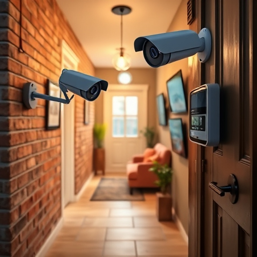 ai security camera scanning for movement,wireless doorbell with camera on brick home,emergency alert system inside hallway,home monitoring control room with multiple screens,compact wireless doorbell at urban entry