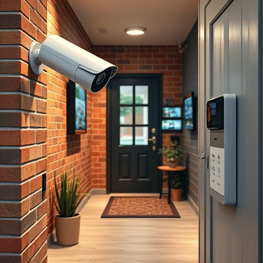 ai security camera scanning for movement,wireless doorbell with camera on brick home,emergency alert system inside hallway,home monitoring control room with multiple screens,compact wireless doorbell at urban entry