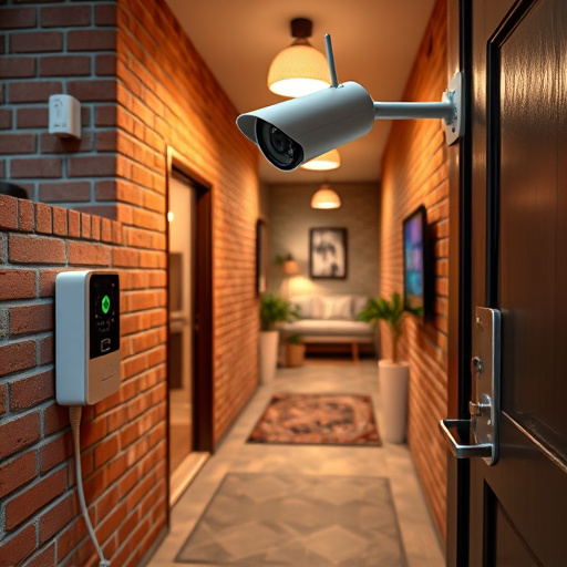 ai security camera scanning for movement,wireless doorbell with camera on brick home,emergency alert system inside hallway,home monitoring control room with multiple screens,compact wireless doorbell at urban entry