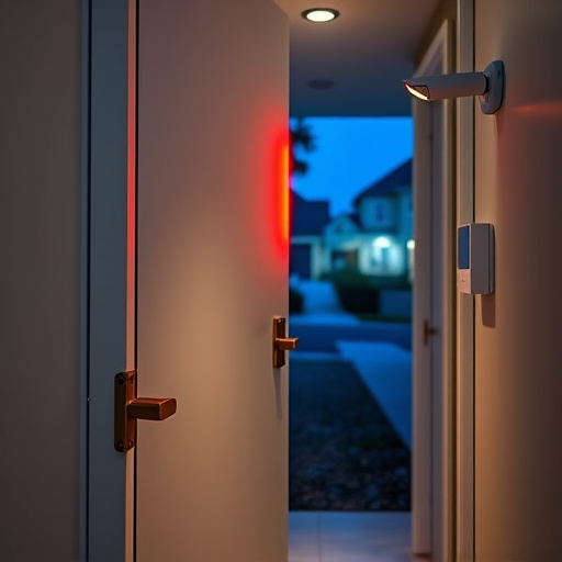 apartment entry secured with bolt lock,connected smart home with multiple sensors,emergency alert system inside hallway,flashing red home security alert light at night,ai security camera scanning for movement,night vision security camera watching driveway