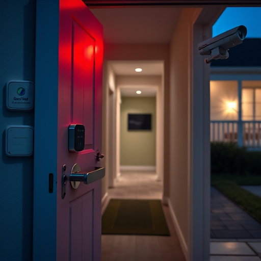 apartment entry secured with bolt lock,connected smart home with multiple sensors,emergency alert system inside hallway,flashing red home security alert light at night,ai security camera scanning for movement,night vision security camera watching driveway