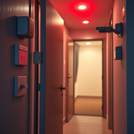 apartment entry secured with bolt lock,connected smart home with multiple sensors,emergency alert system inside hallway,flashing red home security alert light at night,ai security camera scanning for movement,night vision security camera watching driveway