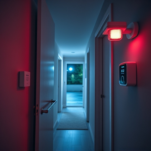 apartment entry secured with bolt lock,connected smart home with multiple sensors,emergency alert system inside hallway,flashing red home security alert light at night,ai security camera scanning for movement,night vision security camera watching driveway