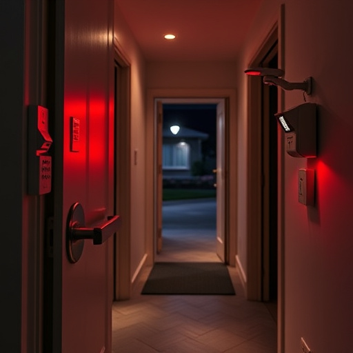apartment entry secured with bolt lock,connected smart home with multiple sensors,emergency alert system inside hallway,flashing red home security alert light at night,ai security camera scanning for movement,night vision security camera watching driveway