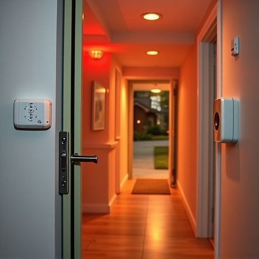 apartment entry secured with bolt lock,connected smart home with multiple sensors,emergency alert system inside hallway,flashing red home security alert light at night,ai security camera scanning for movement,night vision security camera watching driveway