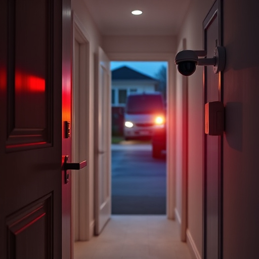 apartment entry secured with bolt lock,connected smart home with multiple sensors,emergency alert system inside hallway,flashing red home security alert light at night,ai security camera scanning for movement,night vision security camera watching driveway