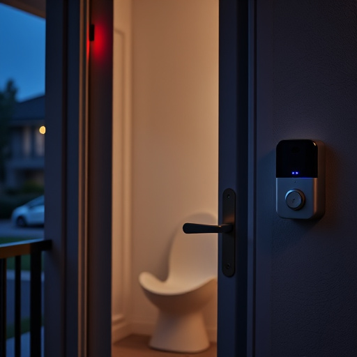 apartment entry secured with bolt lock,flashing red home security alert light at night,sensor alert notification on homeowner’s phone,smart video doorbell on suburban porch,security keypad on modern apartment wall,compact wireless doorbell at urban entry