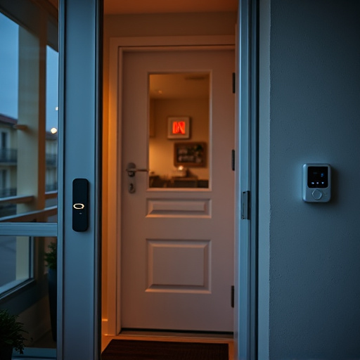 apartment entry secured with bolt lock,flashing red home security alert light at night,sensor alert notification on homeowner’s phone,smart video doorbell on suburban porch,security keypad on modern apartment wall,compact wireless doorbell at urban entry