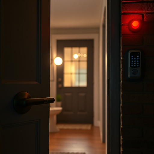 apartment entry secured with bolt lock,flashing red home security alert light at night,sensor alert notification on homeowner’s phone,smart video doorbell on suburban porch,security keypad on modern apartment wall,compact wireless doorbell at urban entry