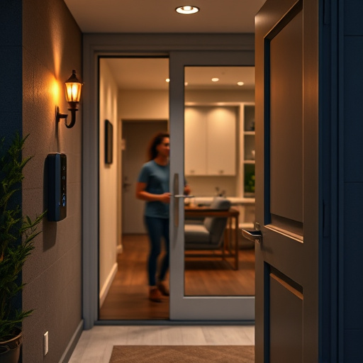 compact wireless doorbell at urban entry,doorbell camera recording visitor at night,emergency alert system inside hallway,connected smart home with multiple sensors,ai security camera scanning for movement,glass break sensor on sliding door