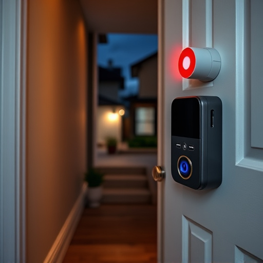 compact wireless doorbell at urban entry,emergency alert system inside hallway,apartment entry secured with bolt lock,doorbell camera recording visitor at night,night vision security camera watching driveway,flashing red home security alert light at night