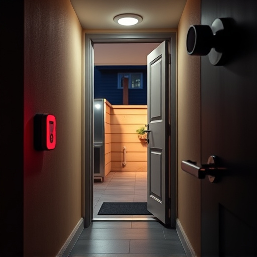 compact wireless doorbell at urban entry,emergency alert system inside hallway,apartment entry secured with bolt lock,doorbell camera recording visitor at night,night vision security camera watching driveway,flashing red home security alert light at night