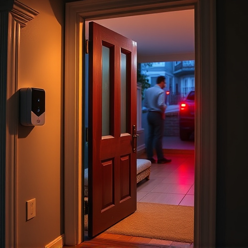 compact wireless doorbell at urban entry,emergency alert system inside hallway,apartment entry secured with bolt lock,doorbell camera recording visitor at night,night vision security camera watching driveway,flashing red home security alert light at night