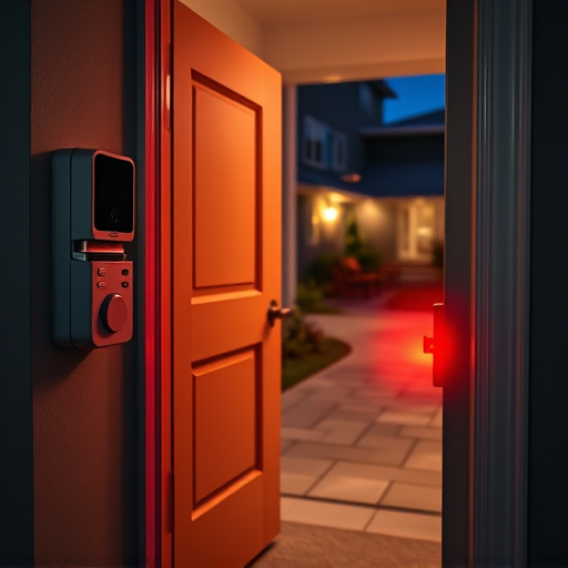 compact wireless doorbell at urban entry,emergency alert system inside hallway,apartment entry secured with bolt lock,doorbell camera recording visitor at night,night vision security camera watching driveway,flashing red home security alert light at night