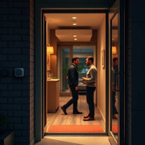 compact wireless doorbell at urban entry,doorbell camera recording visitor at night,emergency alert system inside hallway,connected smart home with multiple sensors,ai security camera scanning for movement,glass break sensor on sliding door