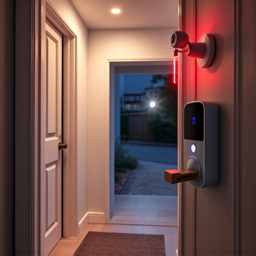 compact wireless doorbell at urban entry,emergency alert system inside hallway,apartment entry secured with bolt lock,doorbell camera recording visitor at night,night vision security camera watching driveway,flashing red home security alert light at night