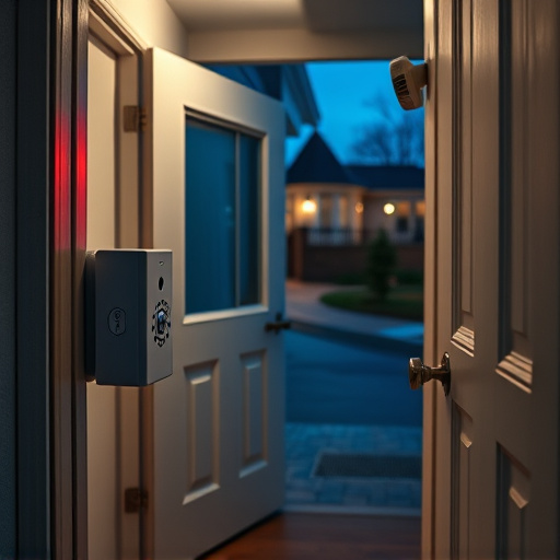 compact wireless doorbell at urban entry,emergency alert system inside hallway,apartment entry secured with bolt lock,doorbell camera recording visitor at night,night vision security camera watching driveway,flashing red home security alert light at night