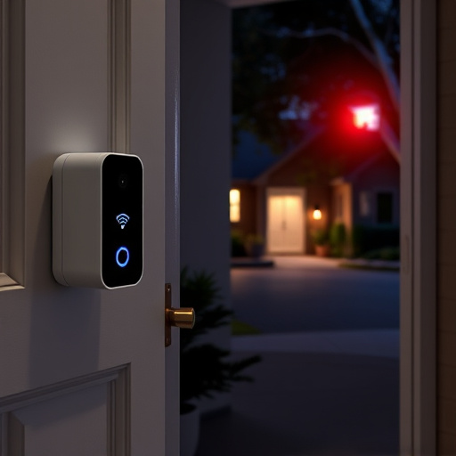 compact wireless doorbell at urban entry,emergency alert system inside hallway,apartment entry secured with bolt lock,doorbell camera recording visitor at night,night vision security camera watching driveway,flashing red home security alert light at night