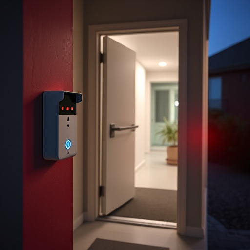 compact wireless doorbell at urban entry,emergency alert system inside hallway,apartment entry secured with bolt lock,doorbell camera recording visitor at night,night vision security camera watching driveway,flashing red home security alert light at night