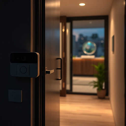 compact wireless doorbell at urban entry,doorbell camera recording visitor at night,emergency alert system inside hallway,connected smart home with multiple sensors,ai security camera scanning for movement,glass break sensor on sliding door