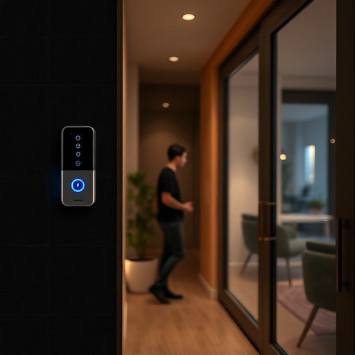 compact wireless doorbell at urban entry,doorbell camera recording visitor at night,emergency alert system inside hallway,connected smart home with multiple sensors,ai security camera scanning for movement,glass break sensor on sliding door