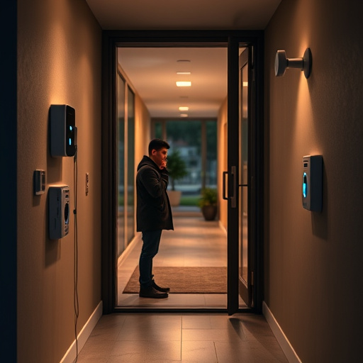 compact wireless doorbell at urban entry,doorbell camera recording visitor at night,emergency alert system inside hallway,connected smart home with multiple sensors,ai security camera scanning for movement,glass break sensor on sliding door