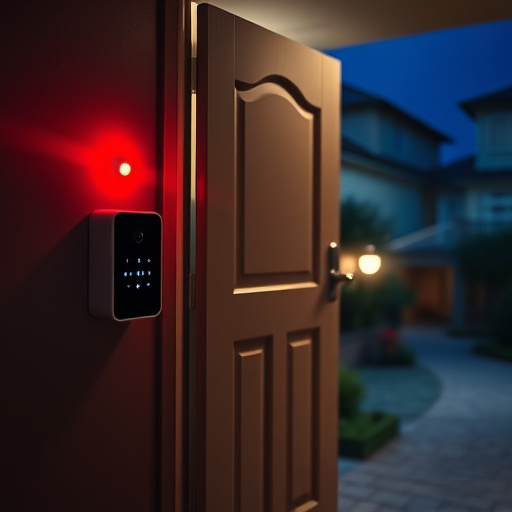 compact wireless doorbell at urban entry,emergency alert system inside hallway,apartment entry secured with bolt lock,doorbell camera recording visitor at night,night vision security camera watching driveway,flashing red home security alert light at night