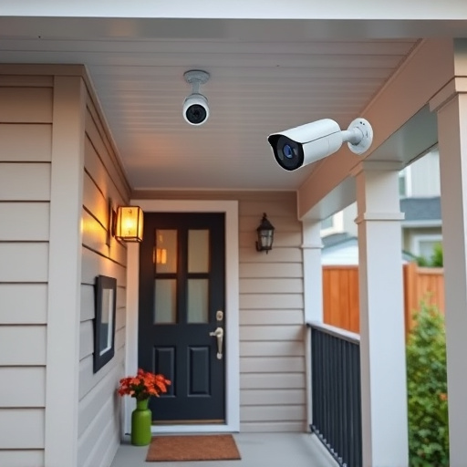 connected smart home with multiple sensors,ai security camera scanning for movement,motion-activated surveillance camera under roof eaves,compact wireless doorbell at urban entry,smart video doorbell on suburban porch