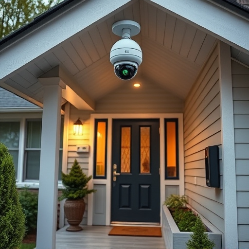 connected smart home with multiple sensors,ai security camera scanning for movement,motion-activated surveillance camera under roof eaves,compact wireless doorbell at urban entry,smart video doorbell on suburban porch