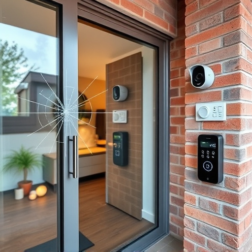 glass break sensor on sliding door,security keypad on modern apartment wall,smart video doorbell on suburban porch,ai security camera scanning for movement,home monitoring control room with multiple screens,wireless doorbell with camera on brick home