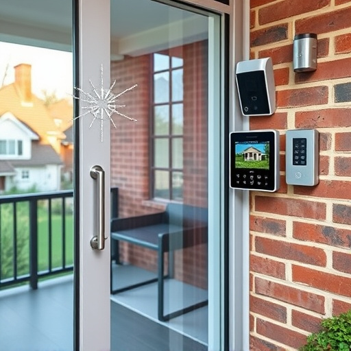 glass break sensor on sliding door,security keypad on modern apartment wall,smart video doorbell on suburban porch,ai security camera scanning for movement,home monitoring control room with multiple screens,wireless doorbell with camera on brick home