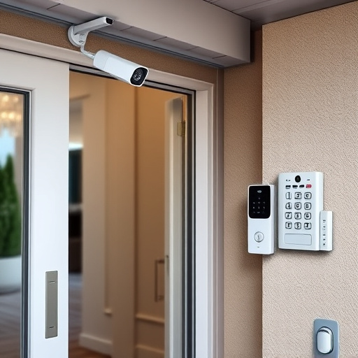 motion-activated surveillance camera under roof eaves,glass break sensor on sliding door,smart lock installed on modern front door,smart video doorbell on suburban porch,connected smart home with multiple sensors,security keypad on modern apartment wall