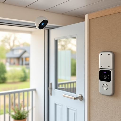 motion-activated surveillance camera under roof eaves,glass break sensor on sliding door,smart lock installed on modern front door,smart video doorbell on suburban porch,connected smart home with multiple sensors,security keypad on modern apartment wall