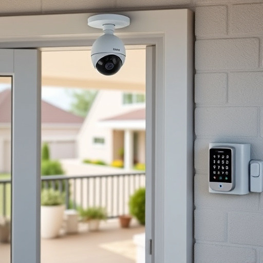 motion-activated surveillance camera under roof eaves,glass break sensor on sliding door,smart lock installed on modern front door,smart video doorbell on suburban porch,connected smart home with multiple sensors,security keypad on modern apartment wall