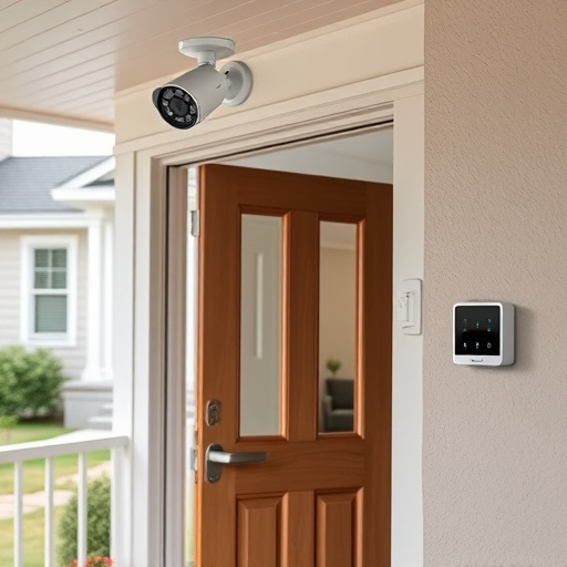 motion-activated surveillance camera under roof eaves,glass break sensor on sliding door,smart lock installed on modern front door,smart video doorbell on suburban porch,connected smart home with multiple sensors,security keypad on modern apartment wall
