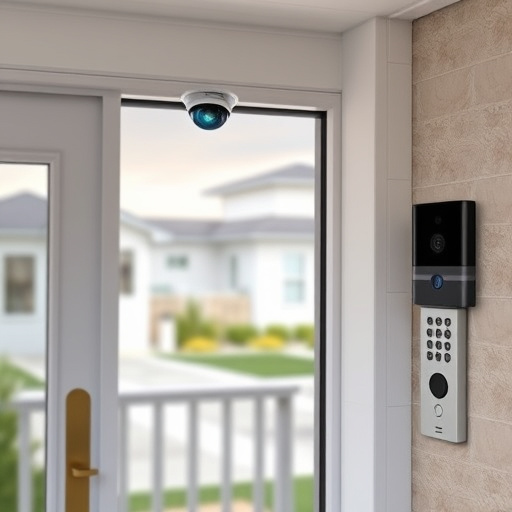 motion-activated surveillance camera under roof eaves,glass break sensor on sliding door,smart lock installed on modern front door,smart video doorbell on suburban porch,connected smart home with multiple sensors,security keypad on modern apartment wall
