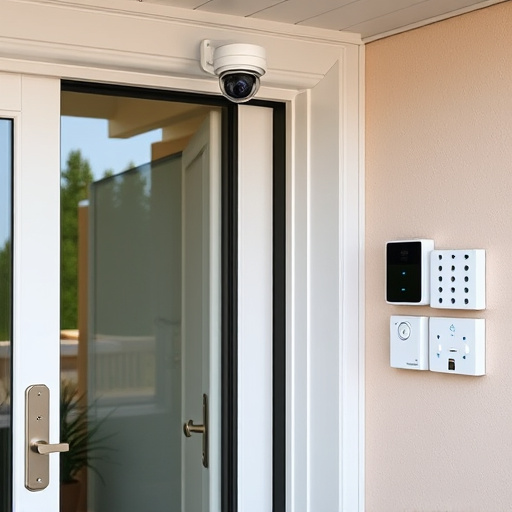 motion-activated surveillance camera under roof eaves,glass break sensor on sliding door,smart lock installed on modern front door,smart video doorbell on suburban porch,connected smart home with multiple sensors,security keypad on modern apartment wall