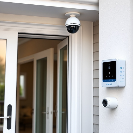 motion-activated surveillance camera under roof eaves,glass break sensor on sliding door,smart lock installed on modern front door,smart video doorbell on suburban porch,connected smart home with multiple sensors,security keypad on modern apartment wall