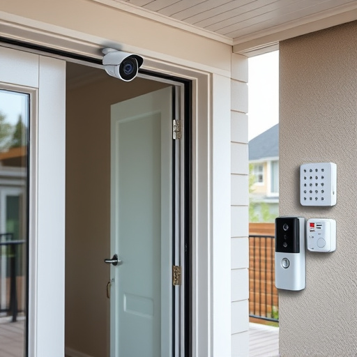 motion-activated surveillance camera under roof eaves,glass break sensor on sliding door,smart lock installed on modern front door,smart video doorbell on suburban porch,connected smart home with multiple sensors,security keypad on modern apartment wall