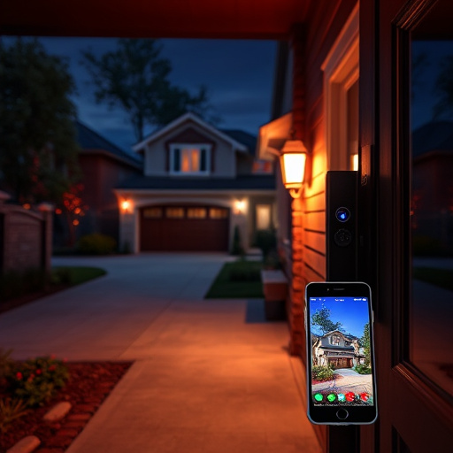night vision security camera watching driveway,sensor alert notification on homeowner’s phone,smart video doorbell on suburban porch,flashing red home security alert light at night,smart lock installed on modern front door