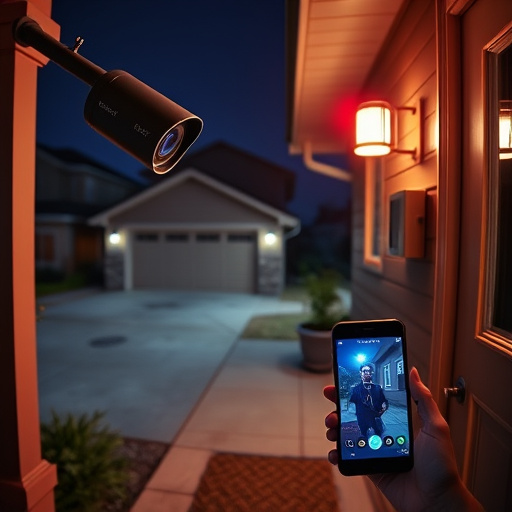 night vision security camera watching driveway,sensor alert notification on homeowner’s phone,smart video doorbell on suburban porch,flashing red home security alert light at night,smart lock installed on modern front door