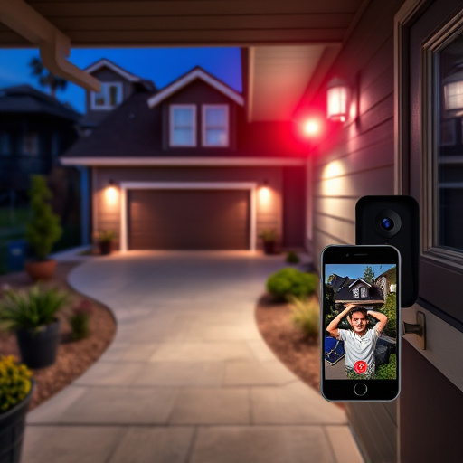 night vision security camera watching driveway,sensor alert notification on homeowner’s phone,smart video doorbell on suburban porch,flashing red home security alert light at night,smart lock installed on modern front door