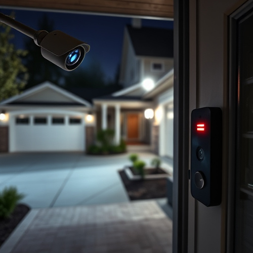 night vision security camera watching driveway,sensor alert notification on homeowner’s phone,smart video doorbell on suburban porch,flashing red home security alert light at night,smart lock installed on modern front door