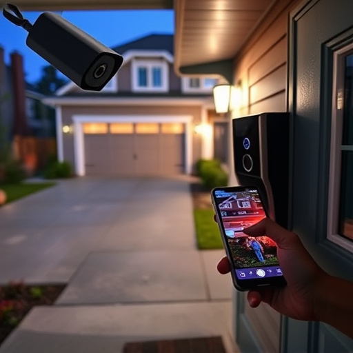 night vision security camera watching driveway,sensor alert notification on homeowner’s phone,smart video doorbell on suburban porch,flashing red home security alert light at night,smart lock installed on modern front door