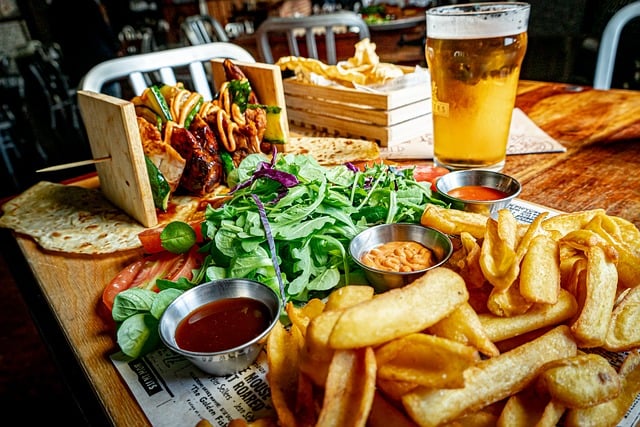 salad,sandwich,mexican food,beer,wine,meal