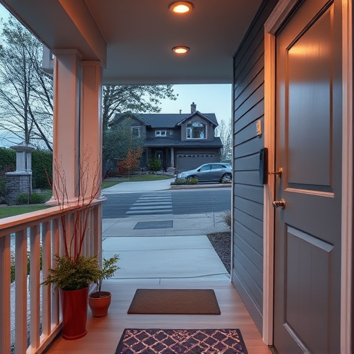 smart video doorbell on suburban porch,apartment entry secured with bolt lock,smart lock installed on modern front door,night vision security camera watching driveway,ai security camera scanning for movement,emergency alert system inside hallway