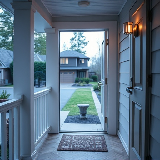 smart video doorbell on suburban porch,apartment entry secured with bolt lock,smart lock installed on modern front door,night vision security camera watching driveway,ai security camera scanning for movement,emergency alert system inside hallway